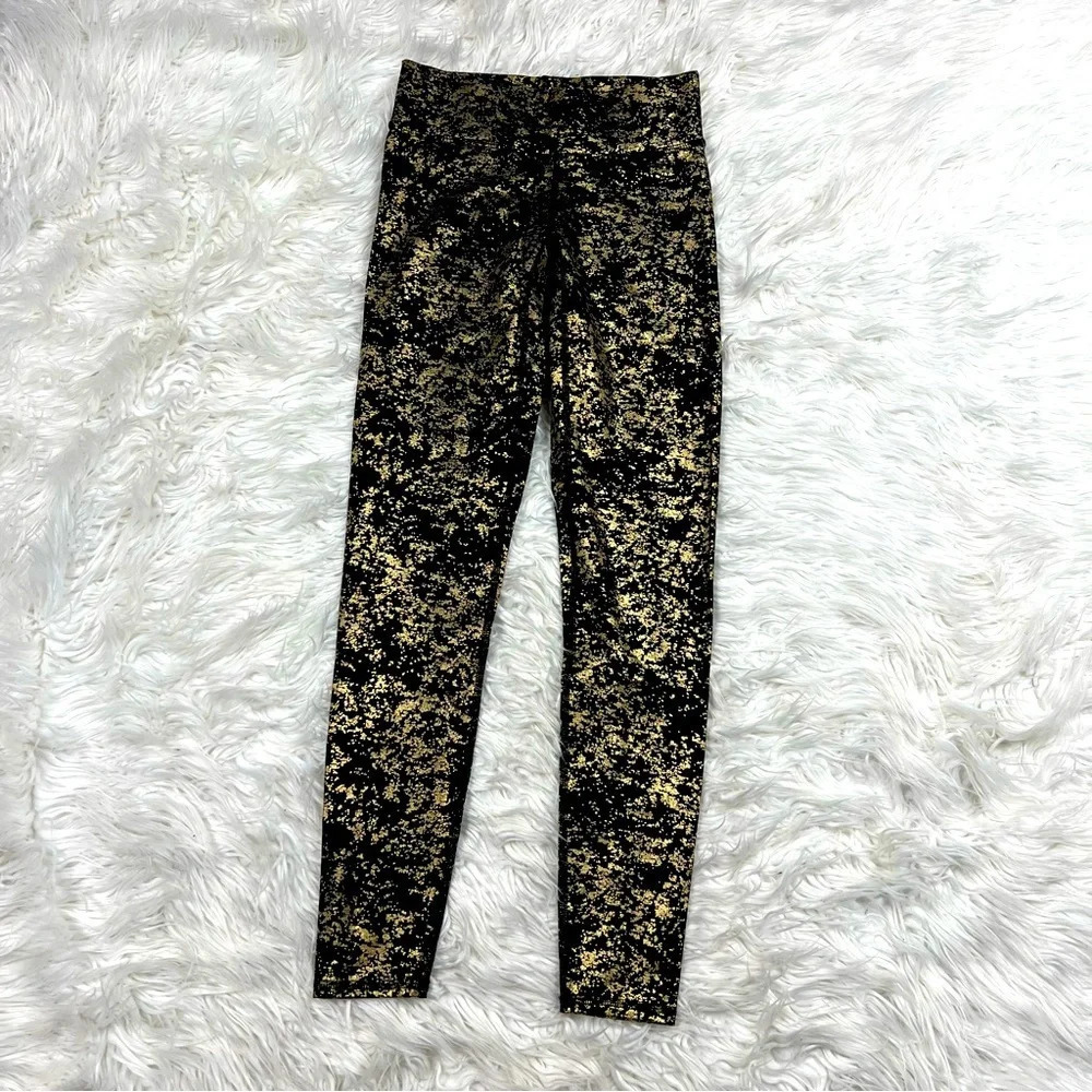 Nwot Terez Printed Tall Band Leggings Black Gold Foil Casual Activewear Women Xs